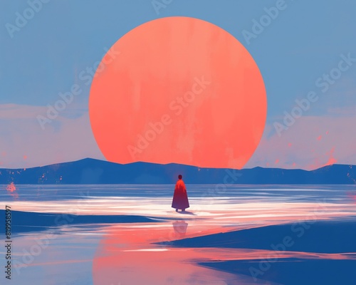 Person red cloak walks towards giant setting sun reflected on still water surface anime illustration