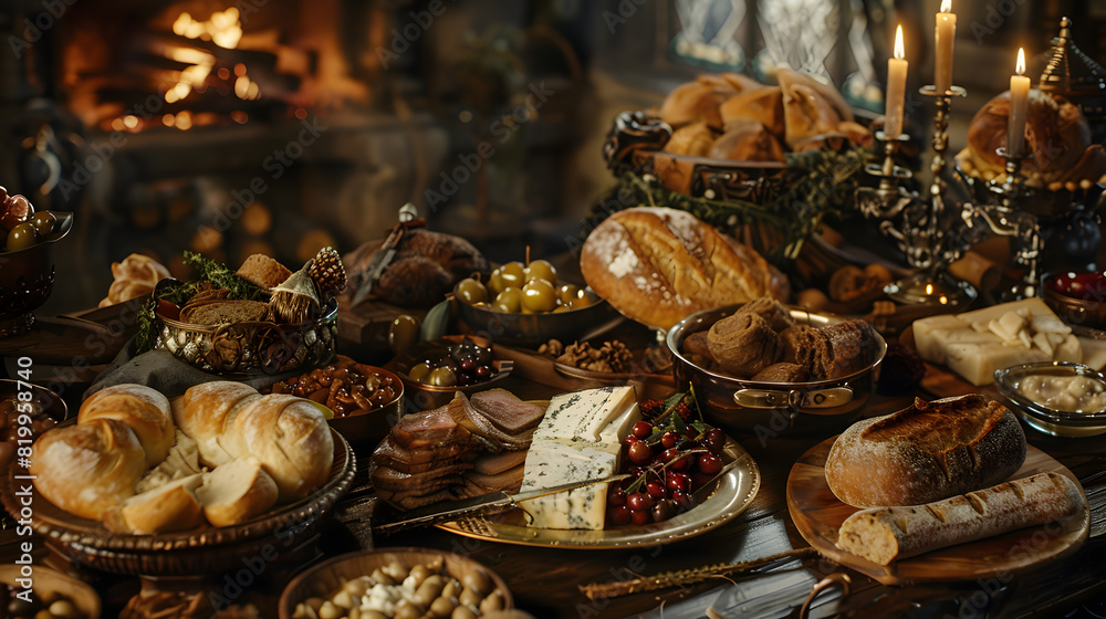 Lavish Fantasy Feast Spread Spiced Meats Baked Breads Rich Cheeses Ancient Hall