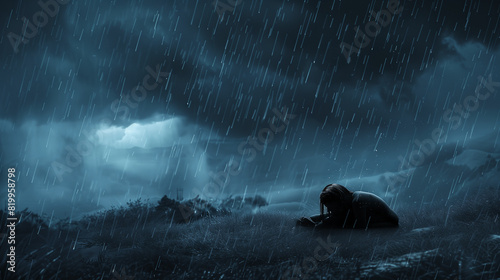 person curled up on grass under heavy rain, dark and emotional scene photo