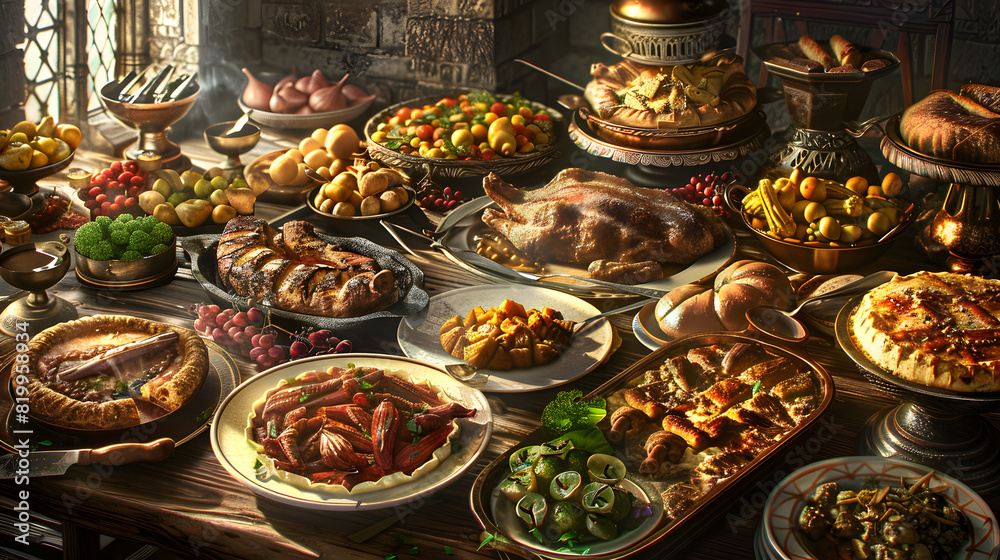 Lavish Castle Banquet Close-Up Grilled Game Hearty Stews Regal Pies