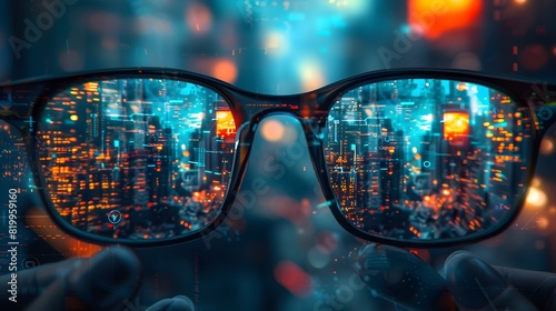 A pair of glasses reflecting a futuristic cityscape, surrounded by high-tech equipment and digital data streams, focused on a face, rendered in the style of unreal engine, with hyper-realistic detail. © horizor