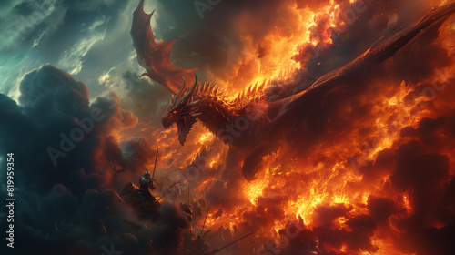 Colossal ancient red dragon coming out of an inferno to meet an assault of riding knights, wide 16:9 photo