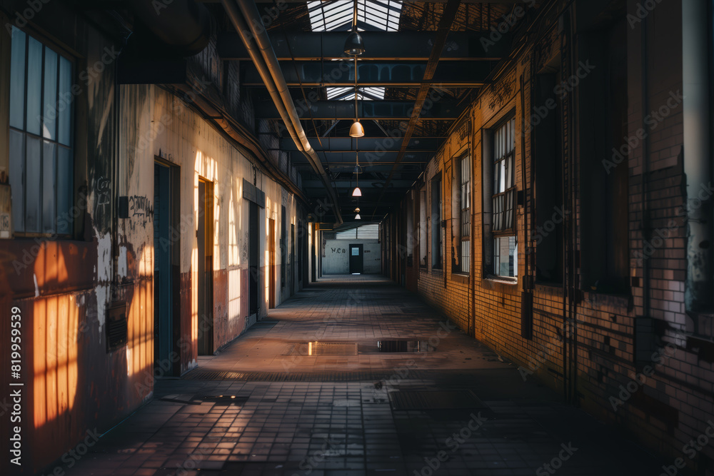 Empty Hallway in Abandoned Building: Eerie, Decaying Corridor with Peeling Paint