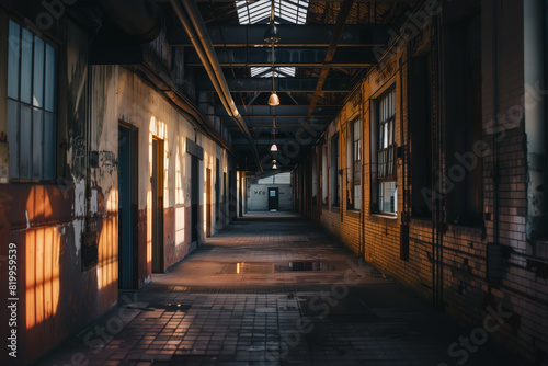 Empty Hallway in Abandoned Building: Eerie, Decaying Corridor with Peeling Paint