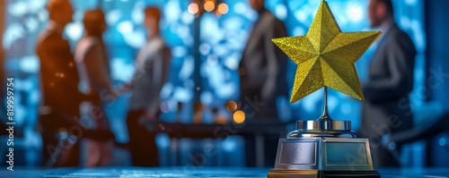 Closeup of a golden star trophy on a table, with happy business people mingling and celebrating success in the background
