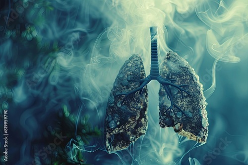An artistic portrayal of smoke filling the lungs, illustrating the harmful effects on respiratory health