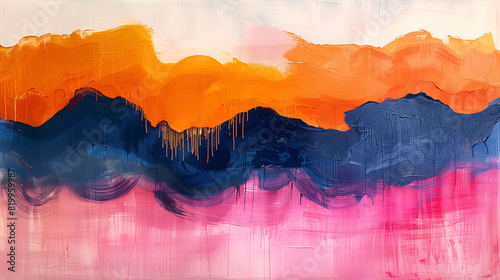 Abstract painting with vibrant colors. The top section features bold orange and yellow hues  the middle section has dark blue tones  and the bottom section is dominated by bright pink shades.