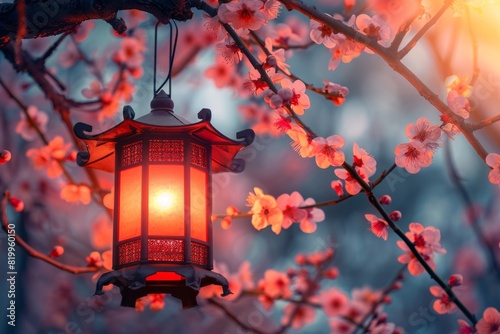 Lantern on a blooming sakura branch photo