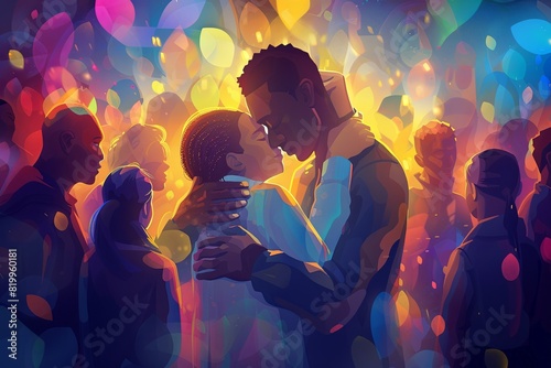 A painting depicting a couple sharing a kiss in front of a large crowd of people, showcasing a moment of intimacy amidst a public setting photo