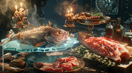 High-resolution close-up of enchanted flesh foods, including glowing fish and shimmering meats, on an ethereal table