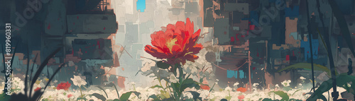 Illustration of Close-Up Flower with Background of a Destroyed City