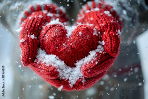 Knitted heart in mittens on a background of snow