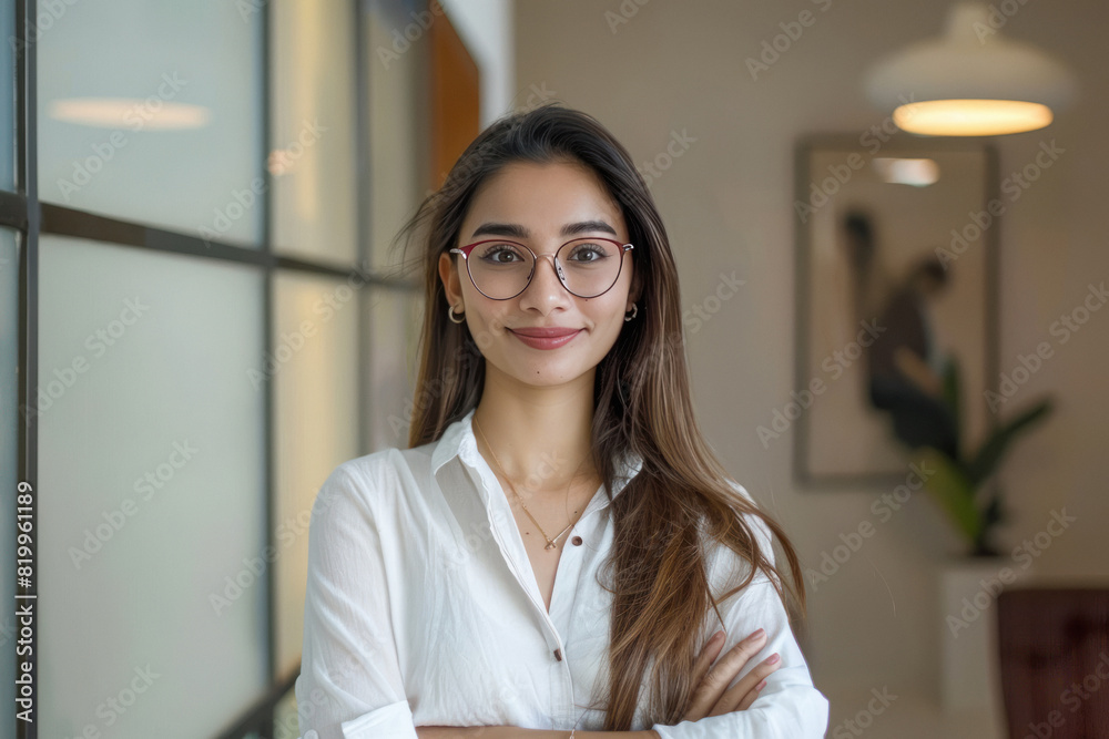 young indian businesswoman standing confidantly young indian businesswoman standing confidantly