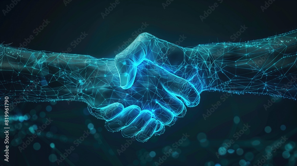 Digital handshake on blue technology background. Abstract two hands in lines, connected dots, and triangles, Business partnership concept, generative ai Digital handshake on blue technology background. Abstract two hands in lines, connected dots, and triangles, Business partnership concept, generative ai
