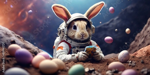 Astronaut bunnies discovering Easter eggs on a distant planet