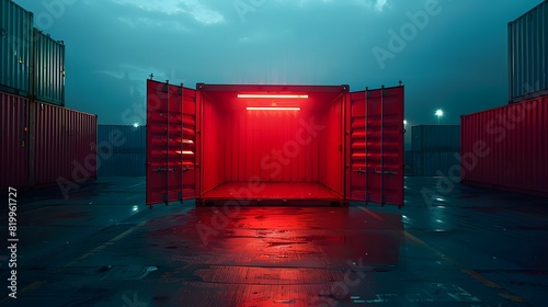 A red shipping container with its doors open, showcasing the empty space inside for cargo or products to be loaded and trunked by sea.
