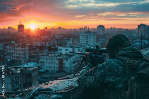 Professional sniper killer on a building photo