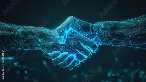 Digital handshake on blue technology background. Abstract two hands in lines, connected dots, and triangles, Business partnership concept, generative ai