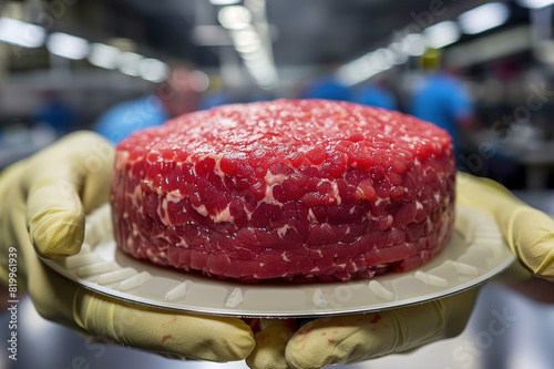 Lab technicians cultivate meat in petri dishes for sustainable food production in biotech lab. photo