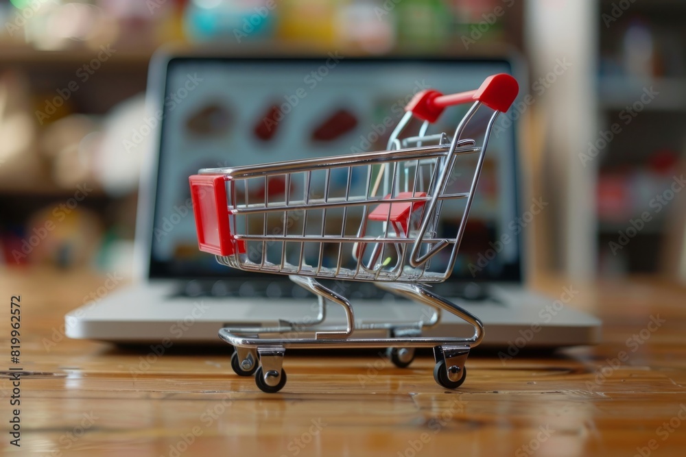 Laptop with supermarket trolley, online shopping concept Laptop with supermarket trolley, online shopping concept
