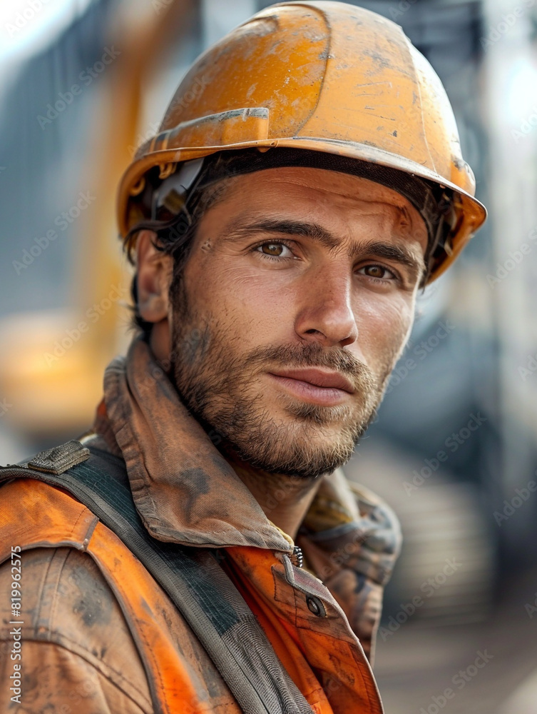 construction worker wearing gear and a hard hat, looking upwards. Outdoor safety and determination concept. construction worker wearing gear and a hard hat, looking upwards. Outdoor safety and determination concept.