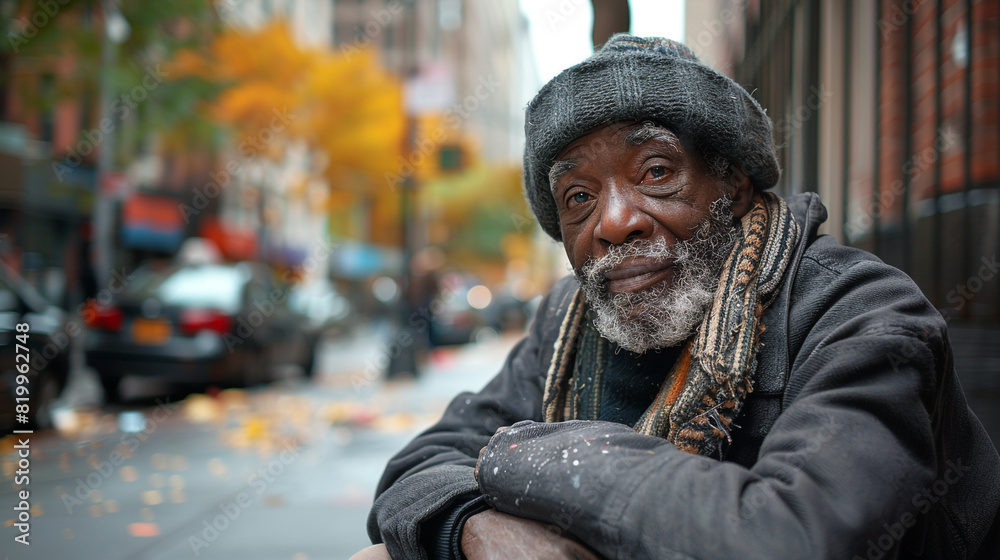 Elderly Homeless Man in Snowy City