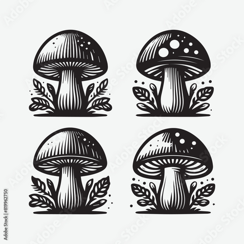 Natural Fungus Mashroom Vector Illustration silhouette Isolated on White Background