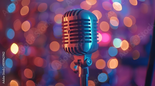 A vintage microphone with colorful lights in the background, symbolizing retro music and comedy events. 