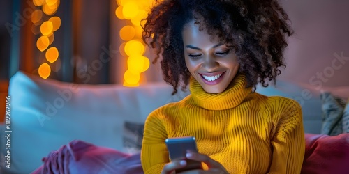 A happy mixedrace woman using cellphone in living room browsing social media. Concept Photography, Technology, Social Media, Lifestyle, Diversity photo