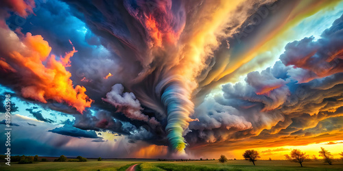 Imagine a world where tornadoes are not just destructive forces, but also a beauty. Watch as they paint the sky with a kaleidoscope of colored clouds, each one more breathtaking than the last. #819963598