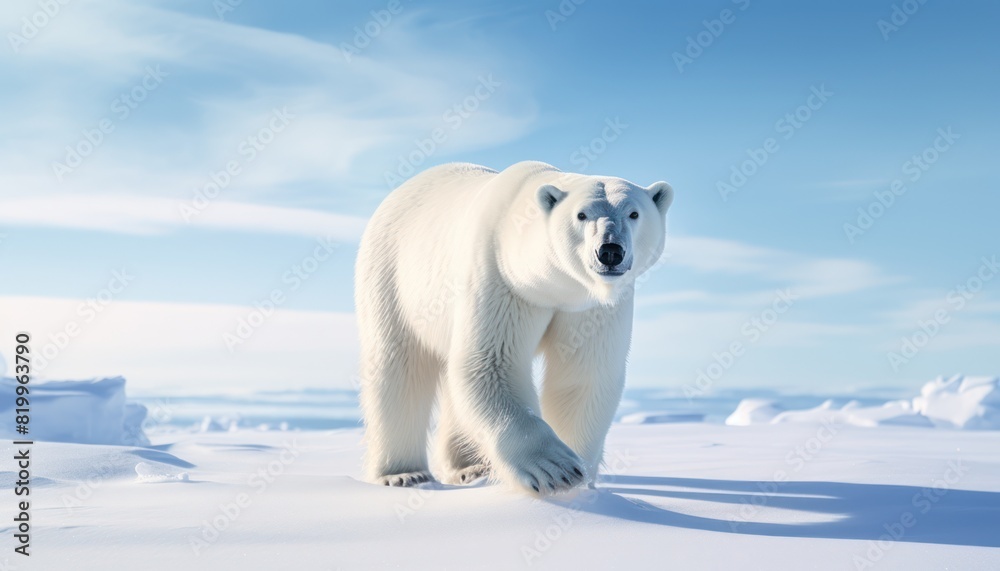 Fototapeta premium Polar bears walks in extreme winter weather, standing above snow with a view of the frost mountains