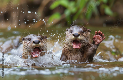 A pair of otters playfully splashing in the river, their joyful expressions captured © Kien