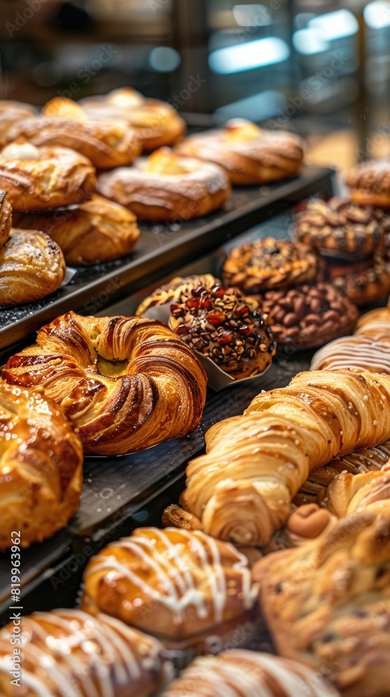 Array of assorted pastries in a bakery display selective focus, variety theme, ethereal, blend mode, bakery shop backdrop Array of assorted pastries in a bakery display selective focus, variety theme, ethereal, blend mode, bakery shop backdrop