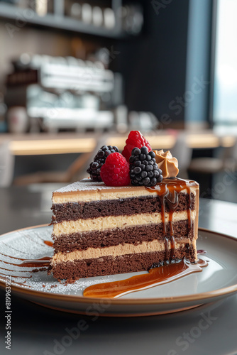 Delicious Cake with Caramel and Fresh Fruits: Gourmet Dessert with Rich Flavors and Vibrant 