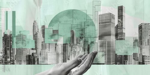 Hands Holding Futuristic Cityscape with Digital Infographics Overlay photo