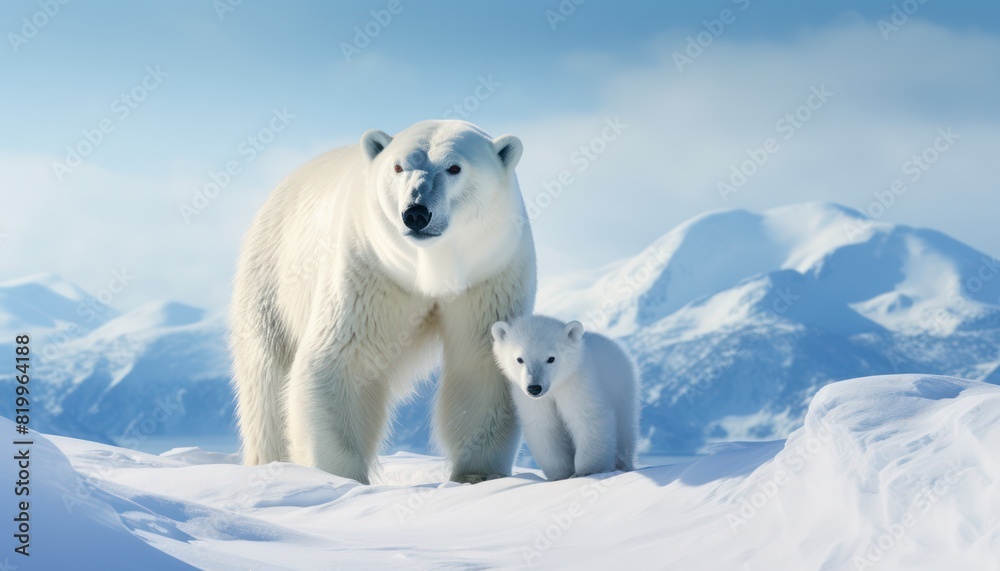 Polar bears walks in extreme winter weather, standing above snow with a view of the frost mountains Polar bears walks in extreme winter weather, standing above snow with a view of the frost mountains