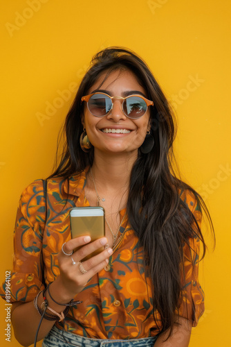 young indian woman holding smartphone on yellow background