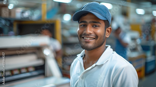 young indian man working at printing agency photo