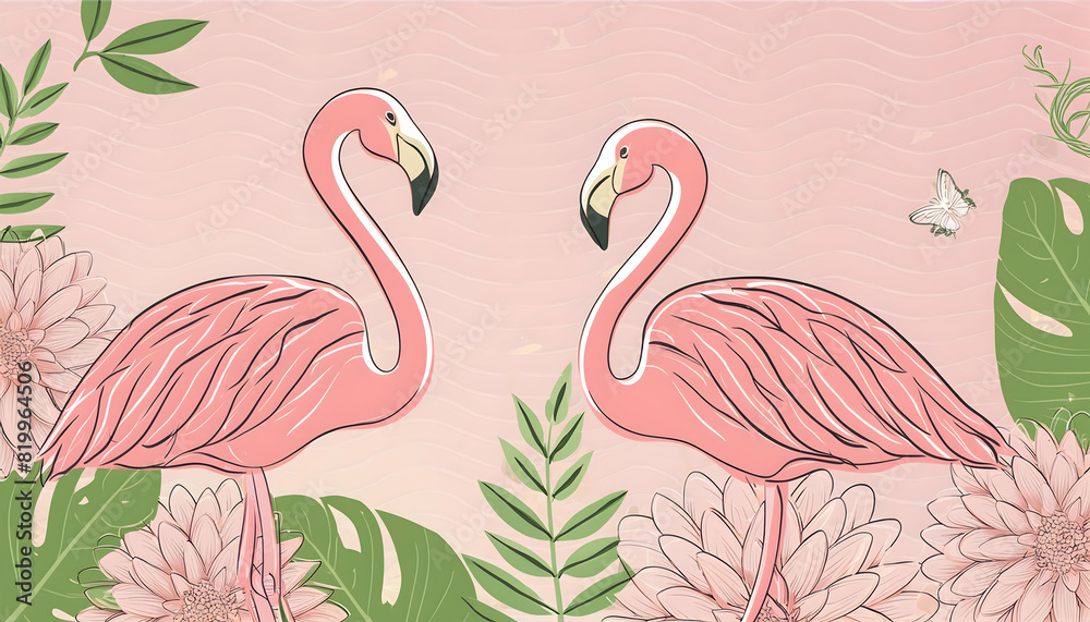 Obraz premium flamingo on romantic with continuous on digital art concept.