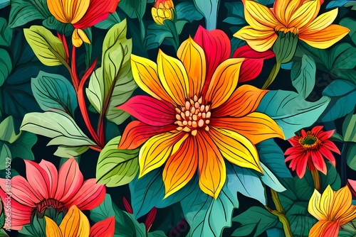 Lush floral pattern with vivid flowers and leaves