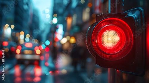 A red emergency siren light flashing on a city street, with a blurred background.  A macro shot effect and bokeh effect.
 photo