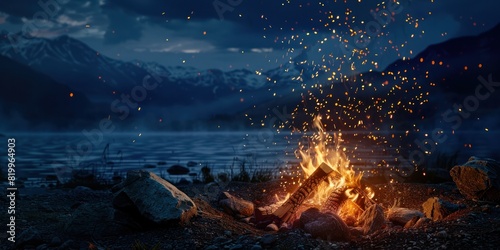 Bonfire with sparks flying in the air, night sky with mountains in the background with copy space. photo