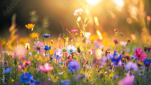 A field of flowers. The flowers are mostly pink, purple, and yellow, with some white and blue flowers as well. photo