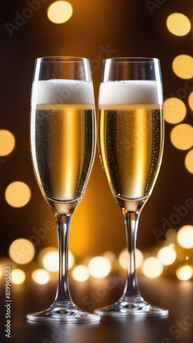 Two champagne glasses filled with bubbly champagne against a bokeh background of warm lights. The image captures a festive and celebratory mood, perfect for parties and special occasions