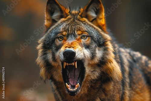 A wolf yawning and teeth in view, high quality, high resolution