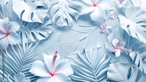 White and blue tropical leaves background