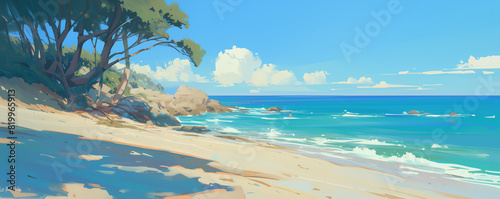 Illustration of Quiet Beach with Calm Waves and Clear Skies