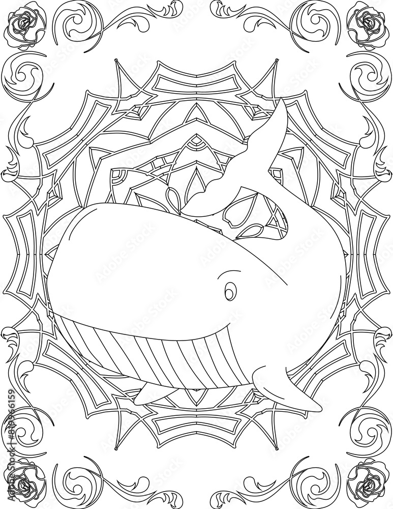Fototapeta premium Whale on Mandala Coloring Page. Printable Coloring Worksheet for Adults and Kids. Educational Resources for School and Preschool. Mandala Coloring for Adults