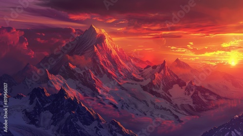 Breathtaking sunset casting vibrant hues over dramatic, snow-covered mountain peaks, creating a stunning and serene landscape.