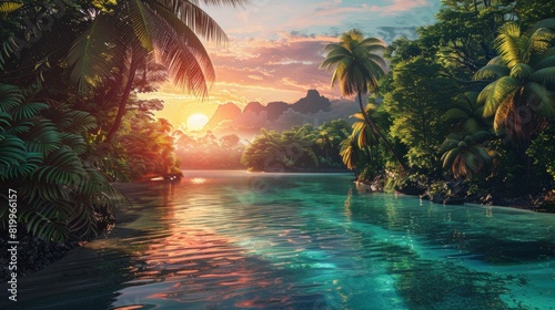 A breathtaking sunset over a tranquil tropical river  surrounded by lush vegetation and palm trees  creating a serene paradise.